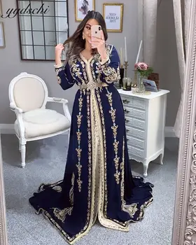 2022 Marocký Kaftane Námornícka Modrá Večerné Šaty Pre Ženy Party Šaty A-Line Dlhé Rukávy Appliques Formálny Ples Vestidos De Gala