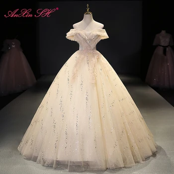 AnXin SH princezná šampanské čipky loď krku volánikmi lištovanie crystal vintage iskrivý plesové šaty hosť star party večerné šaty
