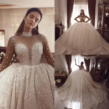 Arabský Luxusný Sexy Nádherné Svadobné Šaty Korálkové Perly Svadobné Šaty Dlhé Rukávy Svadobné Šaty 2022