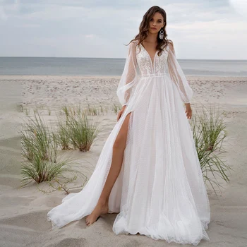 Boho Biela Bodka Svadobné Šaty Tylu Plné Rukávy Backless A-Line Pláži Jednoduché Svadobné Šaty Letné Vestido De Noiva 2022