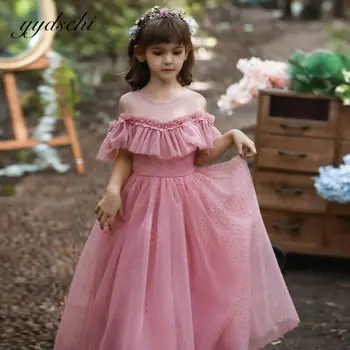 Elegantná Ružová Princezná Kvet Dievčatá Šaty Na Svadby O-Krku Dĺžka Podlahy Tylu Korálkové Bez Rukávov Narodeninovej Party Šaty 2022