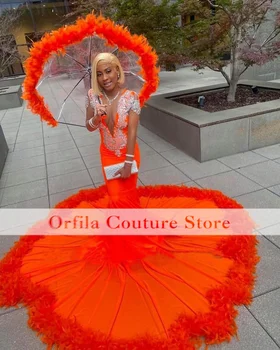 Iskrivý Orange Prom Šaty s Perím 2K22 Nášivka Večerné Šaty Dlhé Rukávy Celebrity Príležitosti Strany Nosenie