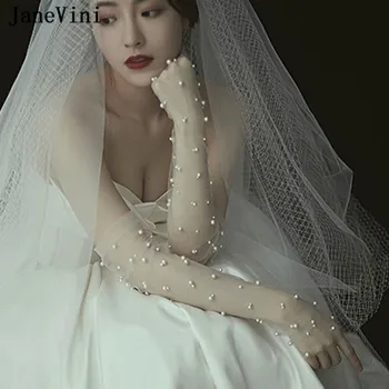 JaneVini 2019 Princezná Úplnej Tylu Biele Svadobné Rukavice Dlhé Elegantné Rukavice Lady Perly Bezprstové Ženy, Svadobné Šaty, Doplnky