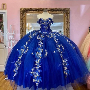 Kráľovská Modrá plesové Šaty, Quinceanera Šaty 3D Kvety Girl Sweet 16 Party Šaty Ramena vestidos de quinceañera