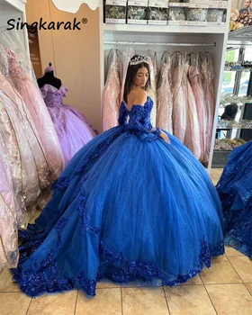 Luxusné Royal Blue Iskrivý plesové Šaty, Quinceanera Šaty Dva Rukávy Flitrami Nášivka Sweet 16 Šaty Mexi Vestido De 15 Anos XV