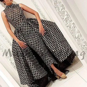 Luxusné Sequin Čierne Šaty Ples Vysoká Krku Riadok Arabčina Dubaj Večerné Šaty Elegantné Bling Formálne Ženy Party Šaty 2020 Vintage