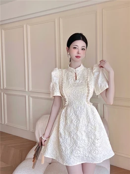 Luxusné Žakárové Ženy Šaty Stoja Golier Perál Elegantnej Ženy Cheongsam Gotickom Štýle Krátke Mini Šaty Vestidos