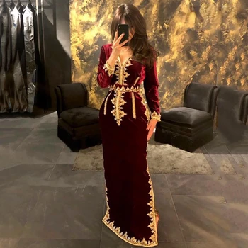 Maroko Kaftane Večerné Šaty Tvaru Morská Víla Prom Šaty Velvet Dlhý Rukáv Formálne Večerné Party Šaty