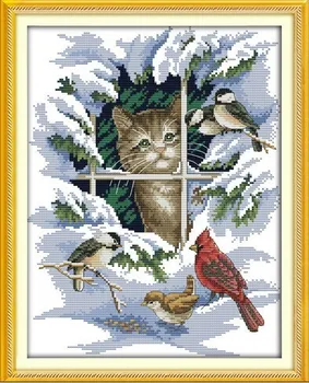 Mačka a Vtákov, Zvierat Winter Snow Cross Stitch Súpravy Presné Vytlačené Výšivky HOBBY Ručné Ihly Práce Nastaviť Umenie Domova