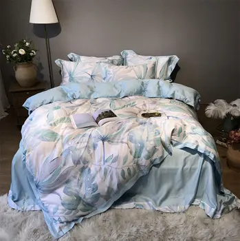 Moderné pastoračné rastlín posteľná bielizeň nastaviť dospelých dospievajúce dievča chlapec,plný kráľovnú, kráľa modrej dvojité bytový textil posteľ list vankúš perinu