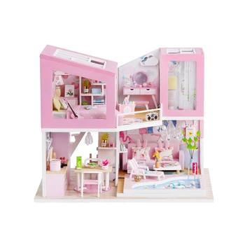 Montáž Diy Doll House Prvá Láska Villa Drevené Miniatúrny domček pre bábiky Hračky Auta S Nábytkom Led Svetlo dospelé Deti Darček k Narodeninám