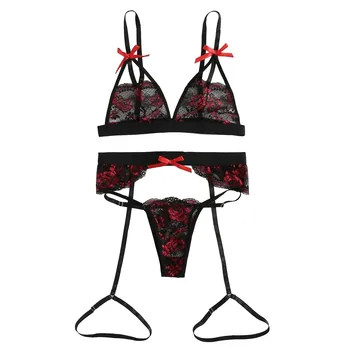 Nové Rose Vyšívané Bowknot Erotické Spodné Prádlo Č Oceľový Prsteň Podprsenka Podväzok Remeň 3 Kus Nastaviť Pohľadu Ženy Sexy Lingerie Set