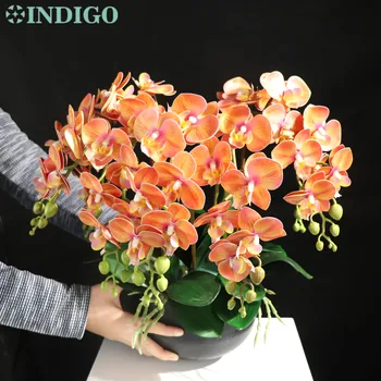 Orange Orchidea (7Pcs Orchidea+5 ks Listov+ Hrniec + Moss) DIY Kvet Dohoda Skutočný Dotyk Office Dekorácie Prípade Vrchol INDIGO