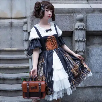 Palác gothic lolita šaty vintage čipky bowknot vysoký pás tlač viktoriánskej šaty+o-krku lolita top kawaii dievča dva kusy nastaviť
