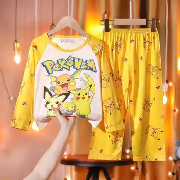 Pokémon Pikachu Chlapčenské Pyžamo Nastaviť Sleepwear Jar a na Jeseň detské Pyžamá Dlhým rukávom Cartoon Domov Šaty, Oblek Tenké