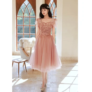 Ružová Štúdia Party Šaty Elegantné Námestie Krku Luxusné Appliques Fantázie Tylu Čaj-Dĺžka Ženy Prom Šaty 2022