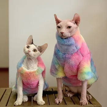Sfinga Devon Krátke Nohy Bezsrstá Mačka Šaty, Oblečenie Módne Zimné Zahusťovanie Teplé Kožušiny Rainbow Hrubý Kabát Plyšové