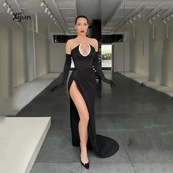 Xijun Elegantné Morská Víla Prom Šaty Bez Rukávov Večerné Šaty Žien Arabčina Saudská Arábia Vysoká Rozdeliť Sexy Party Šaty Bez Rukavice